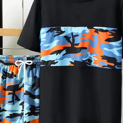 Boys Black Camouflage Printed Short Sleeves T-Shirt & Shorts Swimsuit Sets