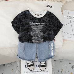 Boys Black Abstract Printed Short Sleeves Round Neck T-Shirt With Denim Shorts Set