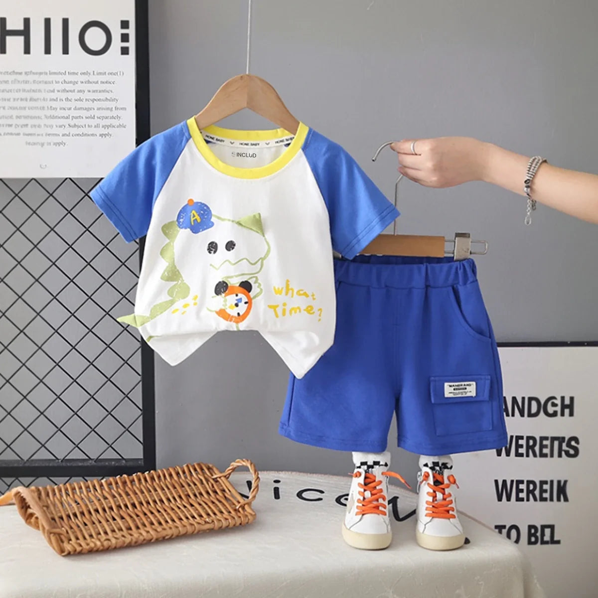 Boys Blue Dinosaur Graphic Short Sleeves T-Shirt With Elasticated Shorts Sets