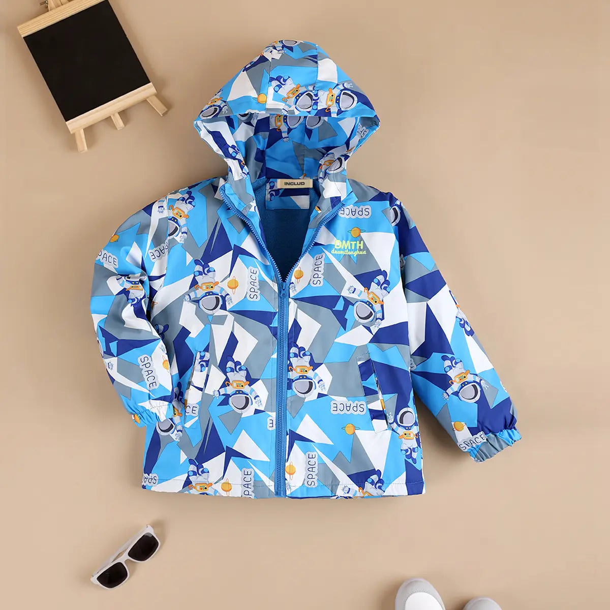 Boys Blue Astronaut Printed Hooded Zipper Jacket