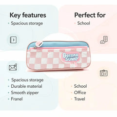 Aesthetic Become Sunny Pencil Pouch -Cute Checked School Stationery Organizer