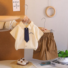 Boys Apricot Typographic Printed Shirt With Shorts & Necktie Sets