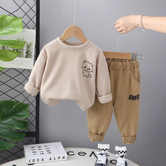 Boys Beige Cat Cartoon Printed Sweatshirt With Jogger Sets