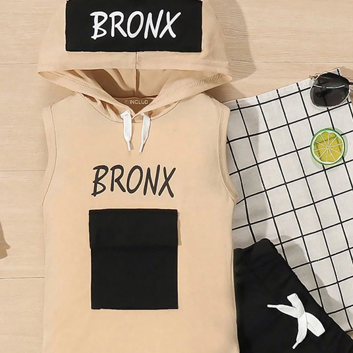 Boys Beige Typography Print Hooded Vest With Joggers Sets