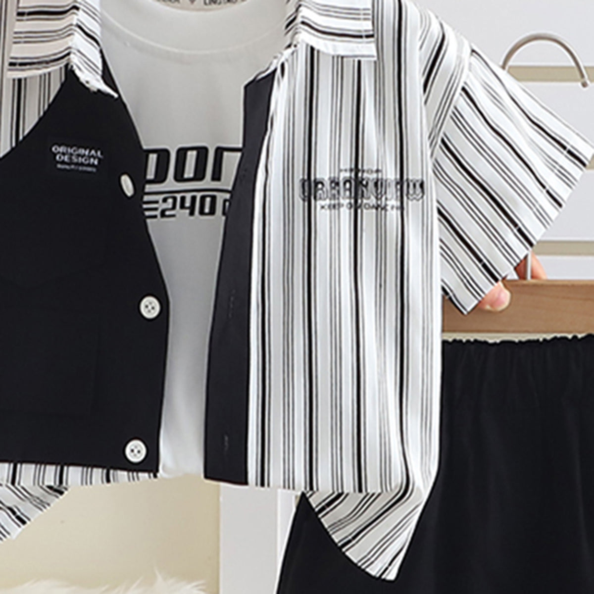 Boys Black Striped Short Sleeves Shirt With T-Shirt And Shorts Set