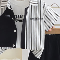 Boys Black Striped Short Sleeves Shirt With T-Shirt And Shorts Set