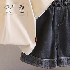 Boys Beige Animals Printed Short Sleeves T-Shirt With Denim Shorts Sets