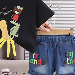 Boys Black Animal Applique Short Sleeve T-Shirt With Denim Shorts Sets