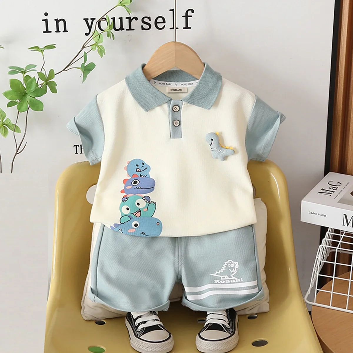 Boys Blue Dinosaur Printed Polo T-Shirt With Shorts Set