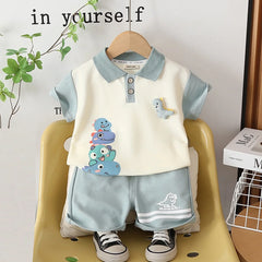 Boys Blue Dinosaur Printed Polo T-Shirt With Shorts Set