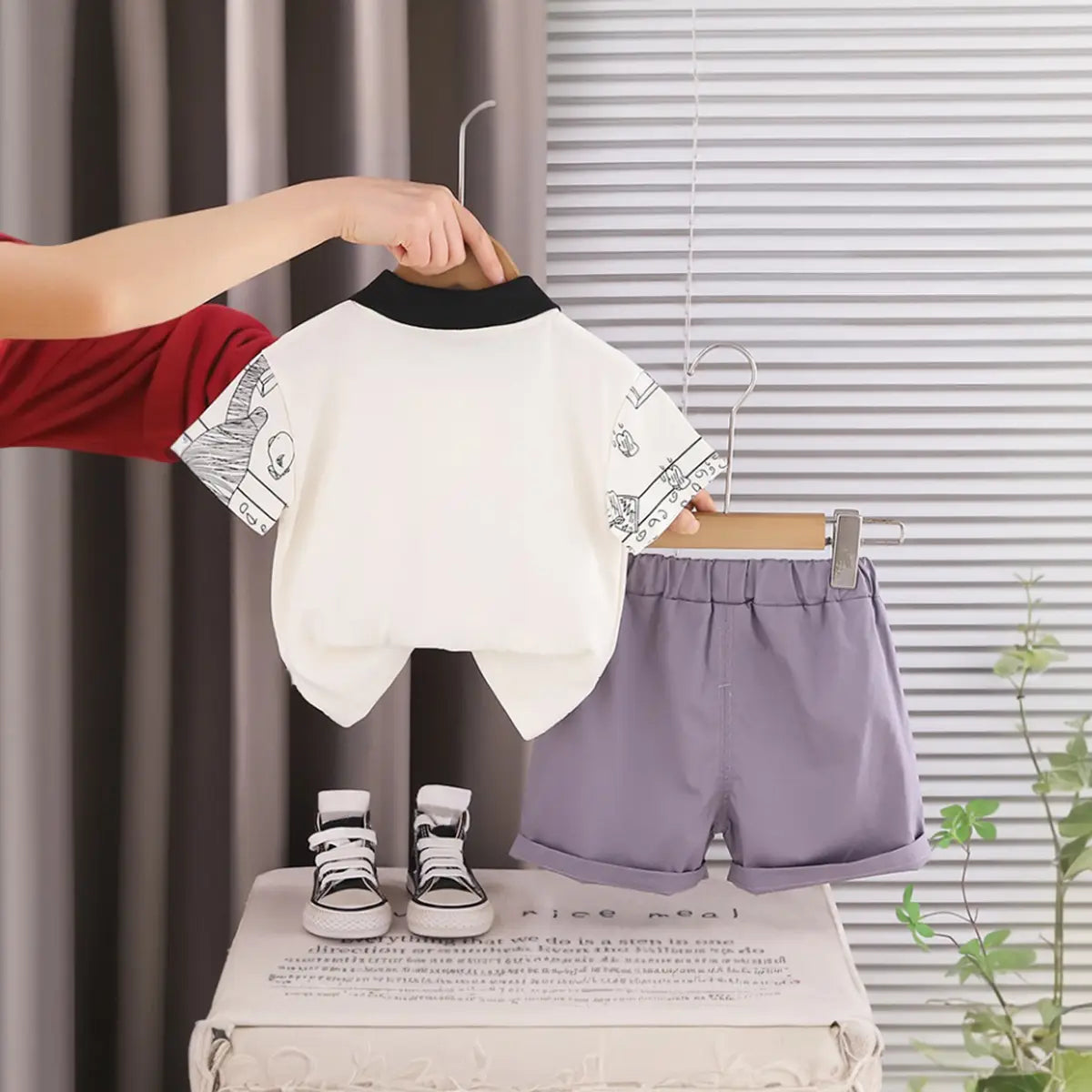 Boys Beige Printed Short Sleeve Polo T-Shirt With Elasticated Shorts Sets