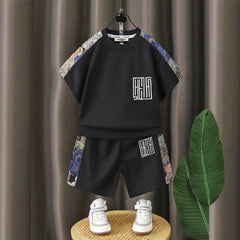 Boys Black Abstract Print Raglan Sleeves T-Shirt With Shorts Co-ord Sets