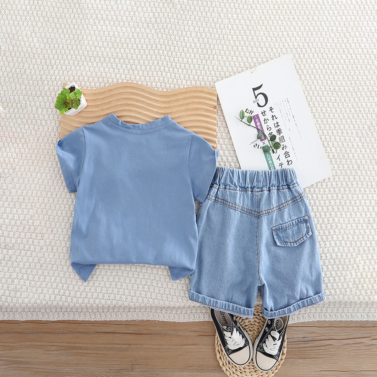 Boys Blue Embroidery Applique T-Shirt With Denim Shorts Set