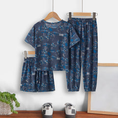 Boys Blue Gaming Print T-Shirt With Shorts And Pajama Set