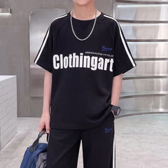 Boys Black Typographic Raglan Sleeve T-Shirt With Pants Sets