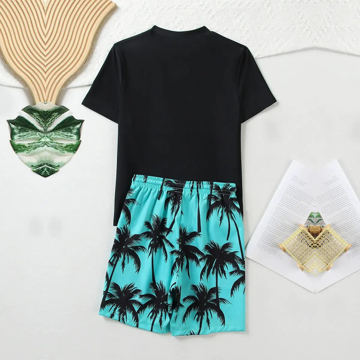 Boys Black Tropical Printed Short Sleeves T-Shirt & Shorts Swimsuit Sets