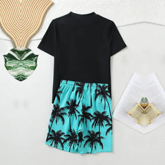Boys Black Tropical Printed Short Sleeves T-Shirt & Shorts Swimsuit Sets