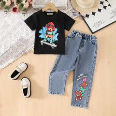 Boys Black Graphics Short Sleeves T-Shirt With Denim Pants Set