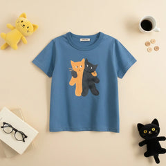Boys Blue Graphic Cat Printed Short Sleeves T-Shirt