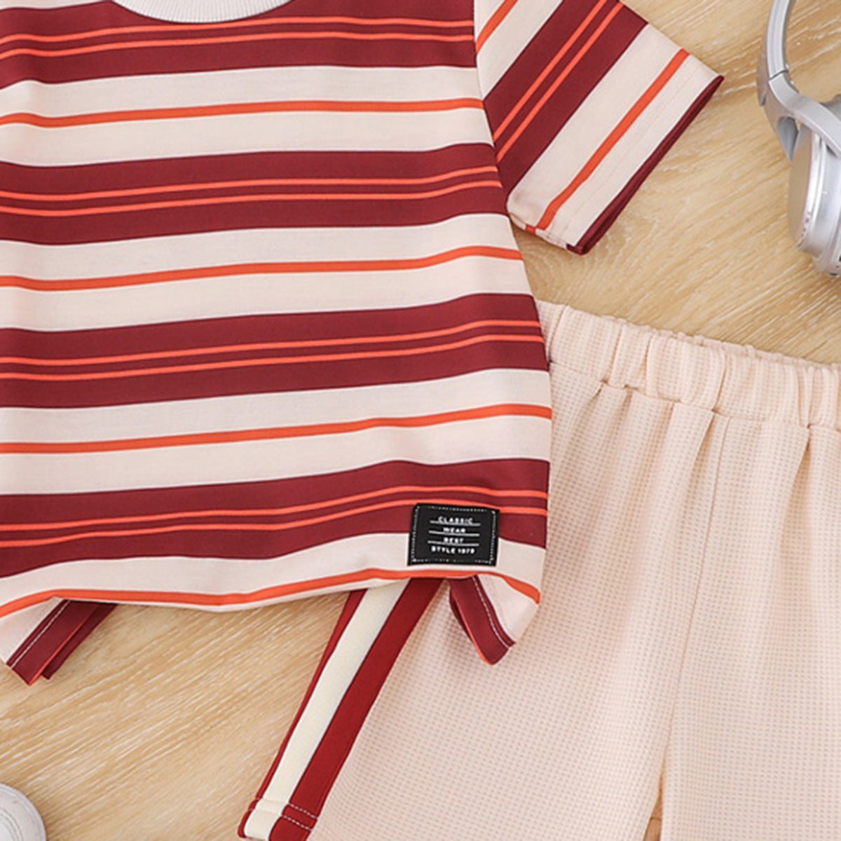 Boys Apricot Stripes Print Short Sleeve T-Shirt With Elasticated Shorts Set