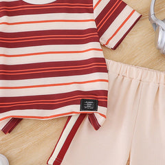 Boys Apricot Stripes Print Short Sleeve T-Shirt With Elasticated Shorts Set