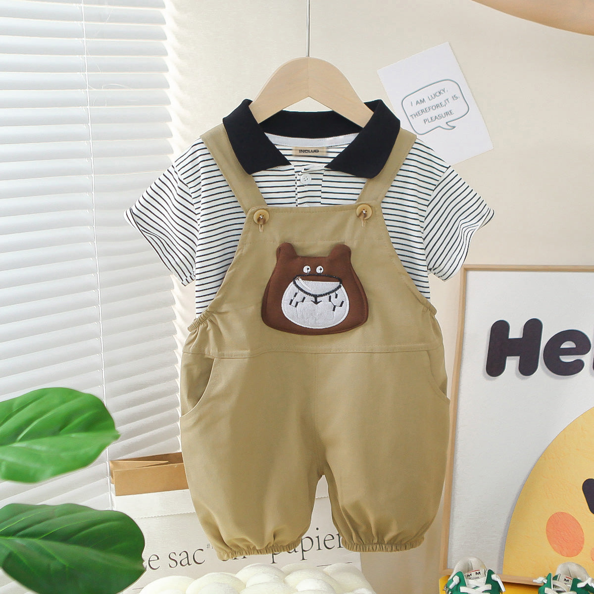 Boys Black Striped Polo T-Shirts With Dungaree Set