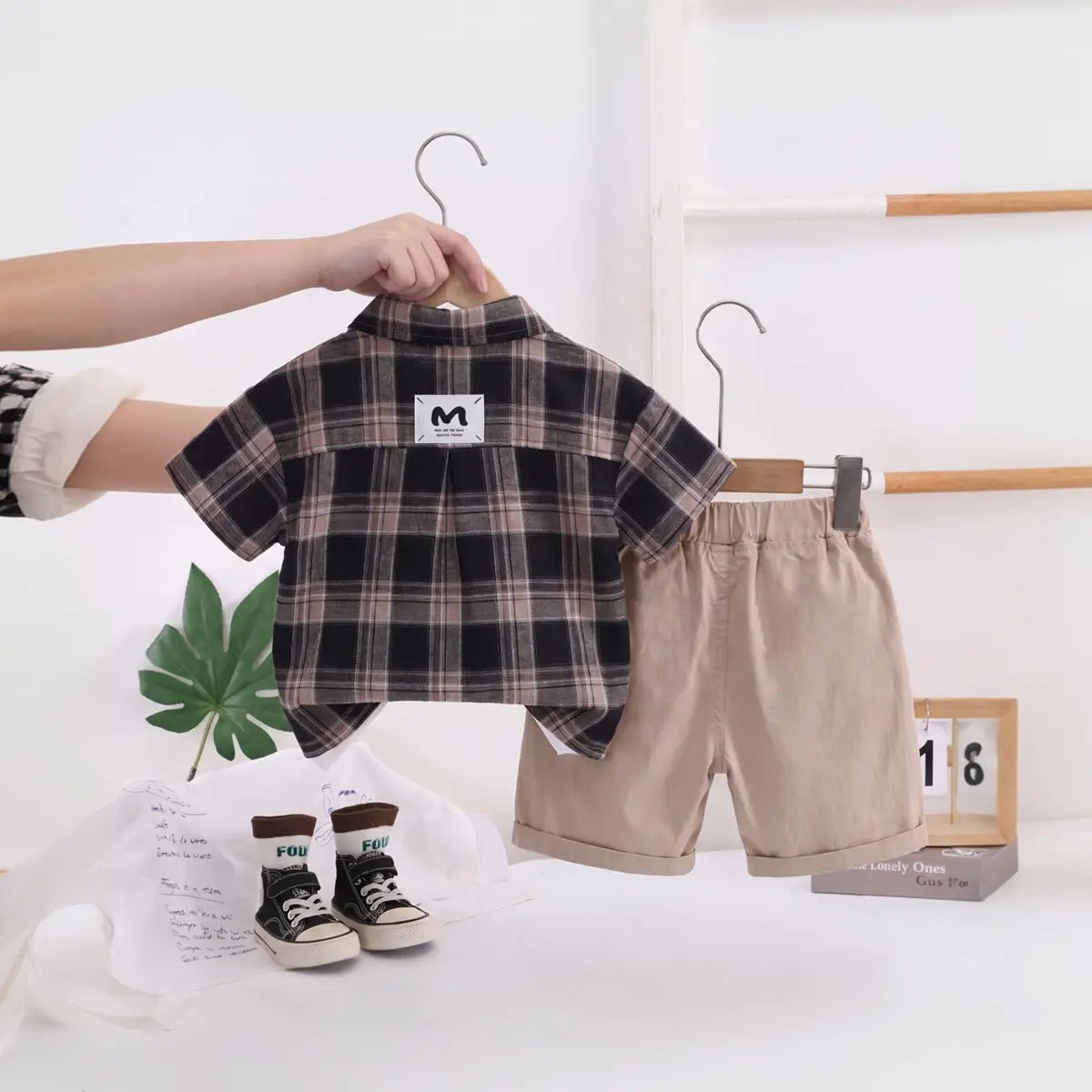 Boys Black Checked Short Sleeve Shirt With Printed T-Shirt And Shorts Sets