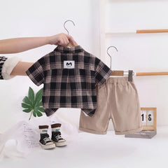 Boys Black Checked Short Sleeve Shirt With Printed T-Shirt And Shorts Sets