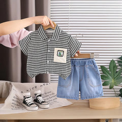 Boys Black Checked Short Sleeve Shirt With Denim Shorts Sets