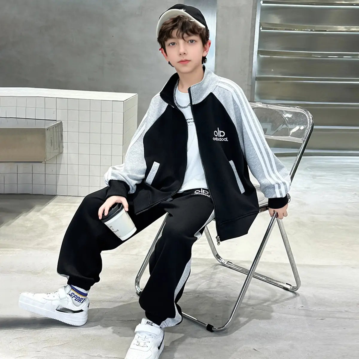 Boys Black Embroidered Sweatshirt With Jogger Sets