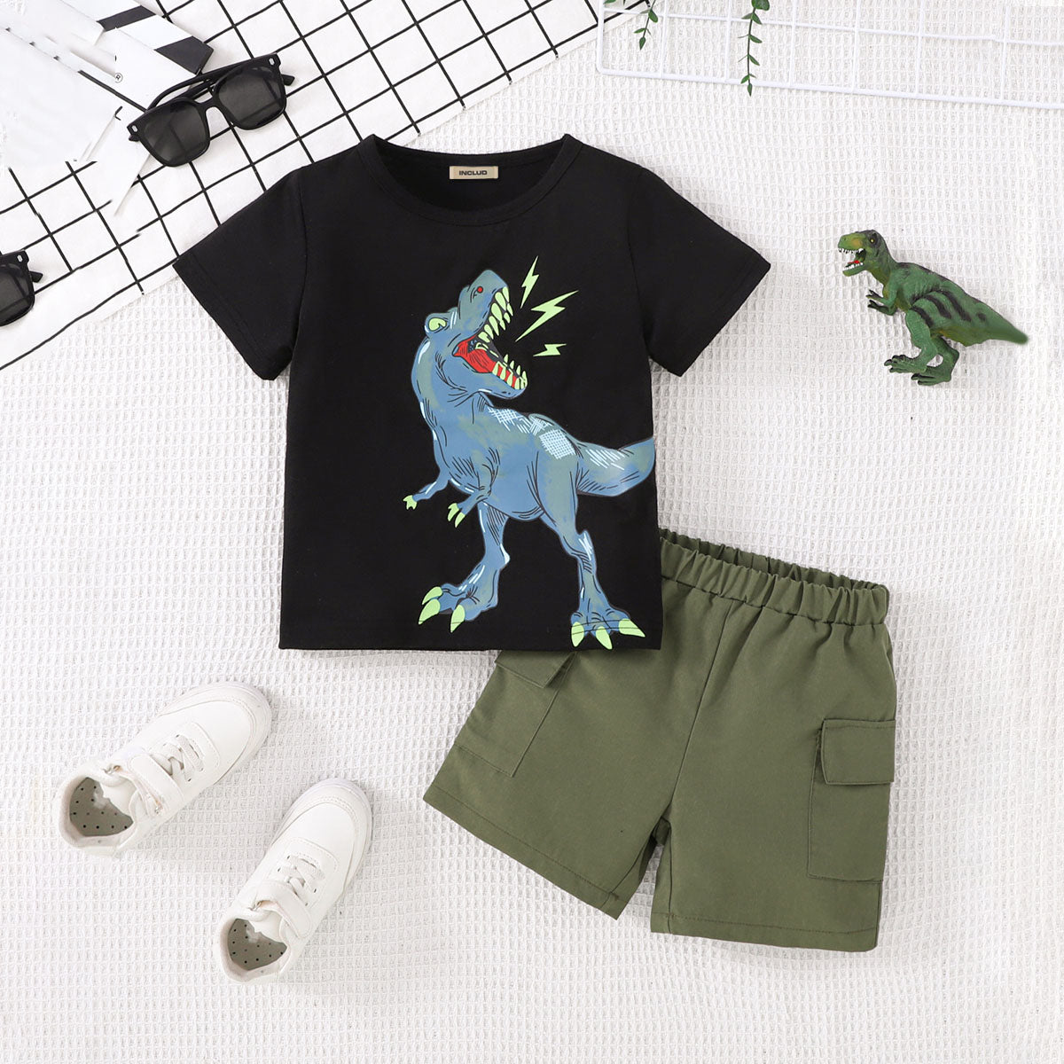 Boys Black Dinosaur Printed T-Shirt With Shorts Set