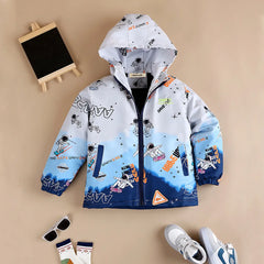 Boys Blue Ombre Printed Hooded Zipper Jacket