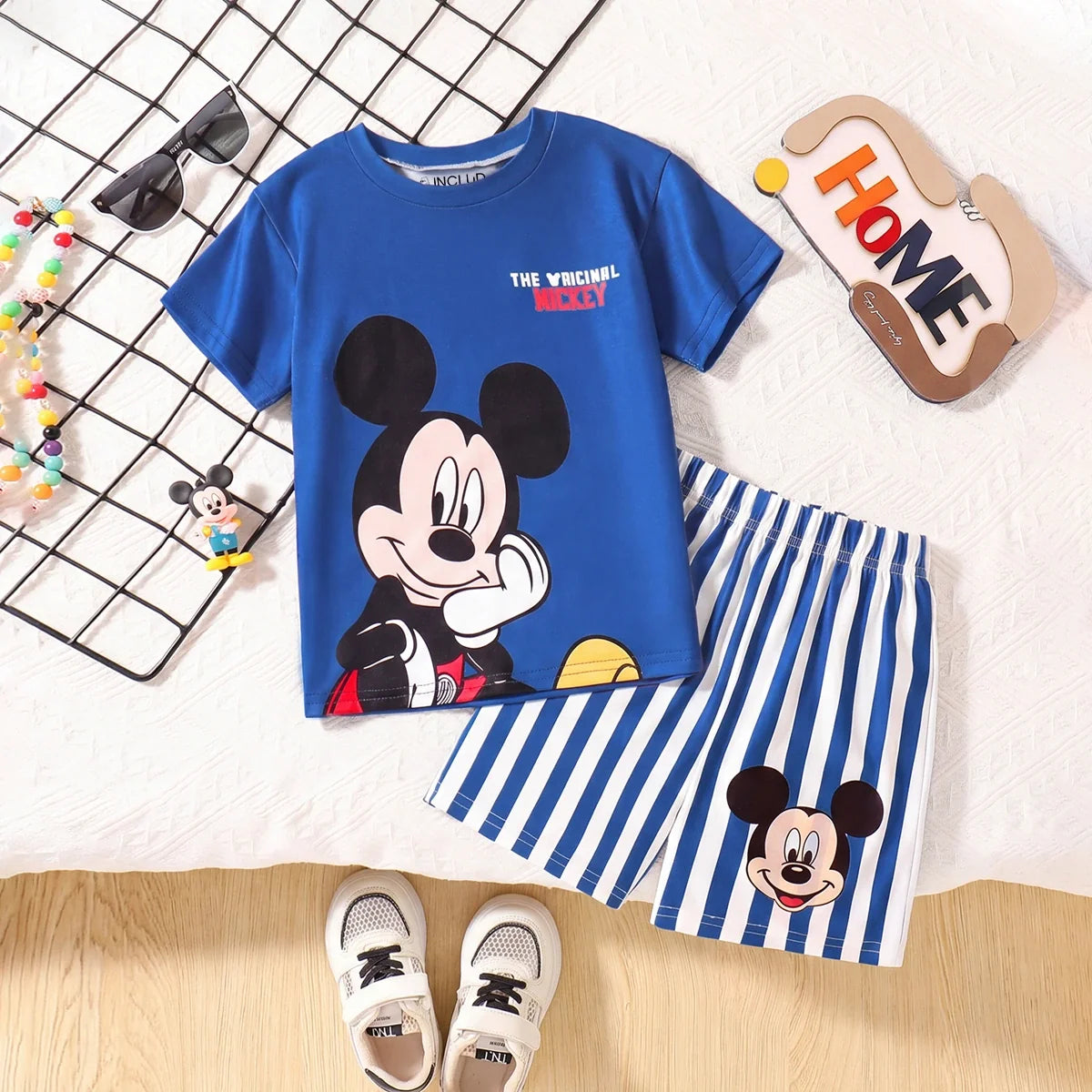 Boys Blue Mickey Mouse Print Short Sleeve T-Shirt With Shorts Sets
