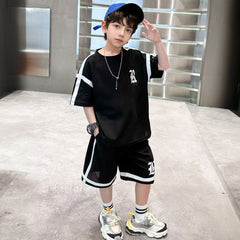 Boys Black Typographic Printed Short Sleeve T-Shirt With Shorts Sets
