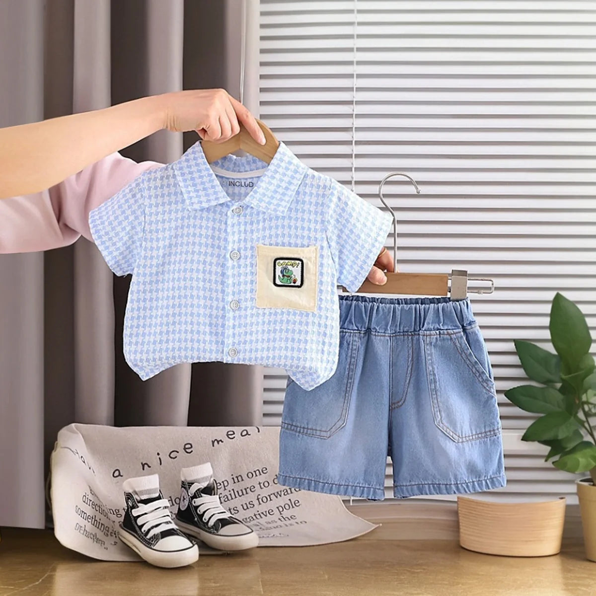 Boys Blue Checked Short Sleeve Shirt With Denim Shorts Sets