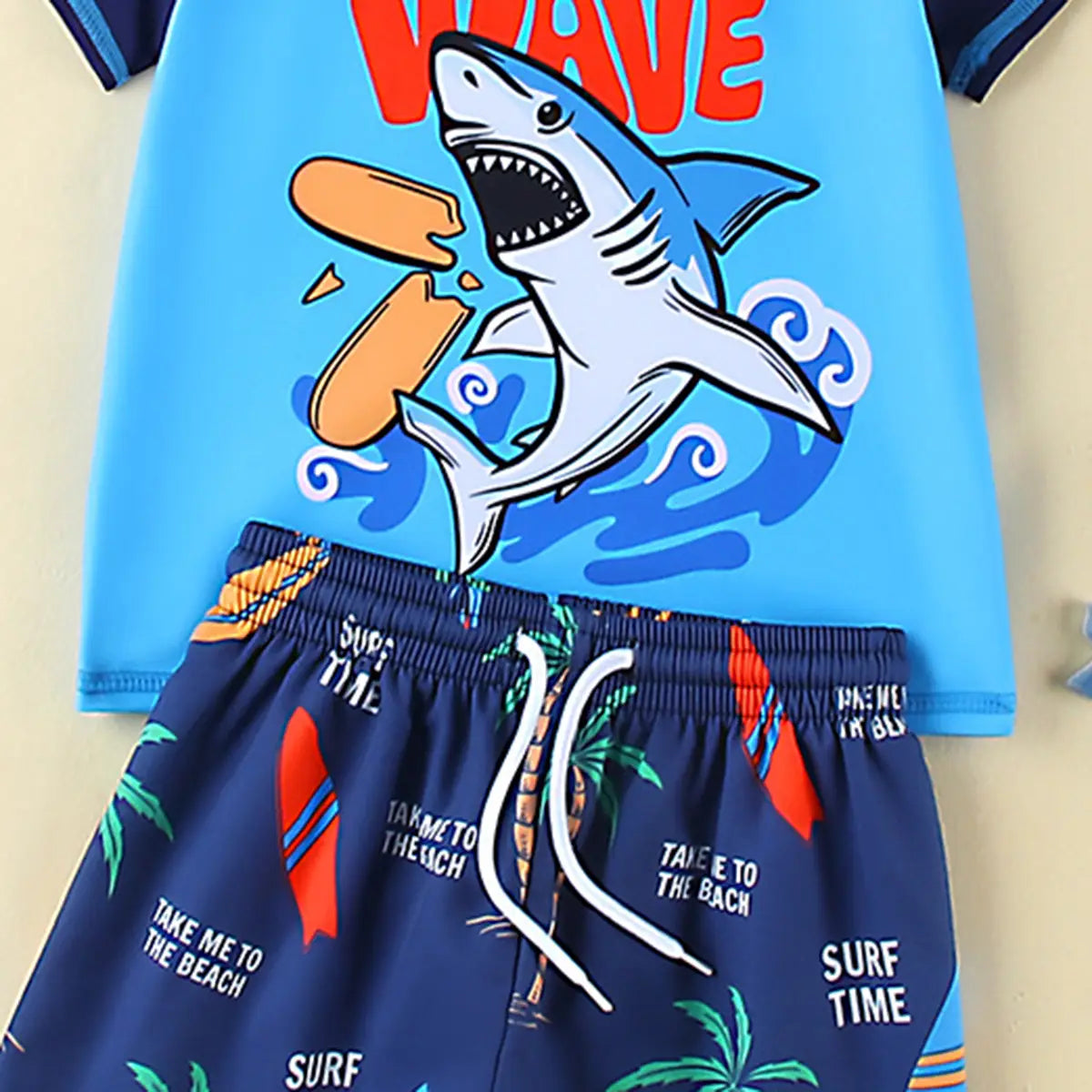 Boys Blue Graphics T-Shirt With Shorts & Swim Cap Swimwear Sets