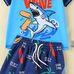 Boys Blue Graphics T-Shirt With Shorts & Swim Cap Swimwear Sets