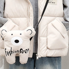Boys Beige Hooded Sleeveless Puffer Vest With Patch Pockets
