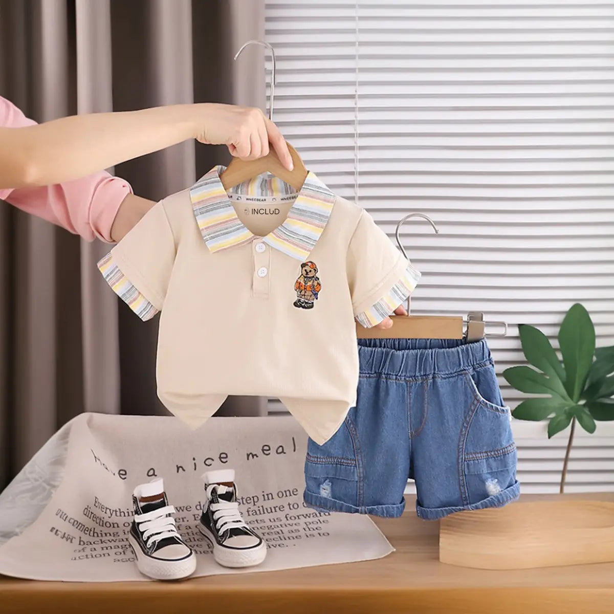 Boys Beige Bear Graphic Polo T-Shirt With Denim Shorts Sets