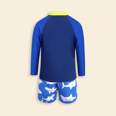Boys Blue Fish Printed Long Sleeves T-Shirt & Shorts Swimsuit Sets
