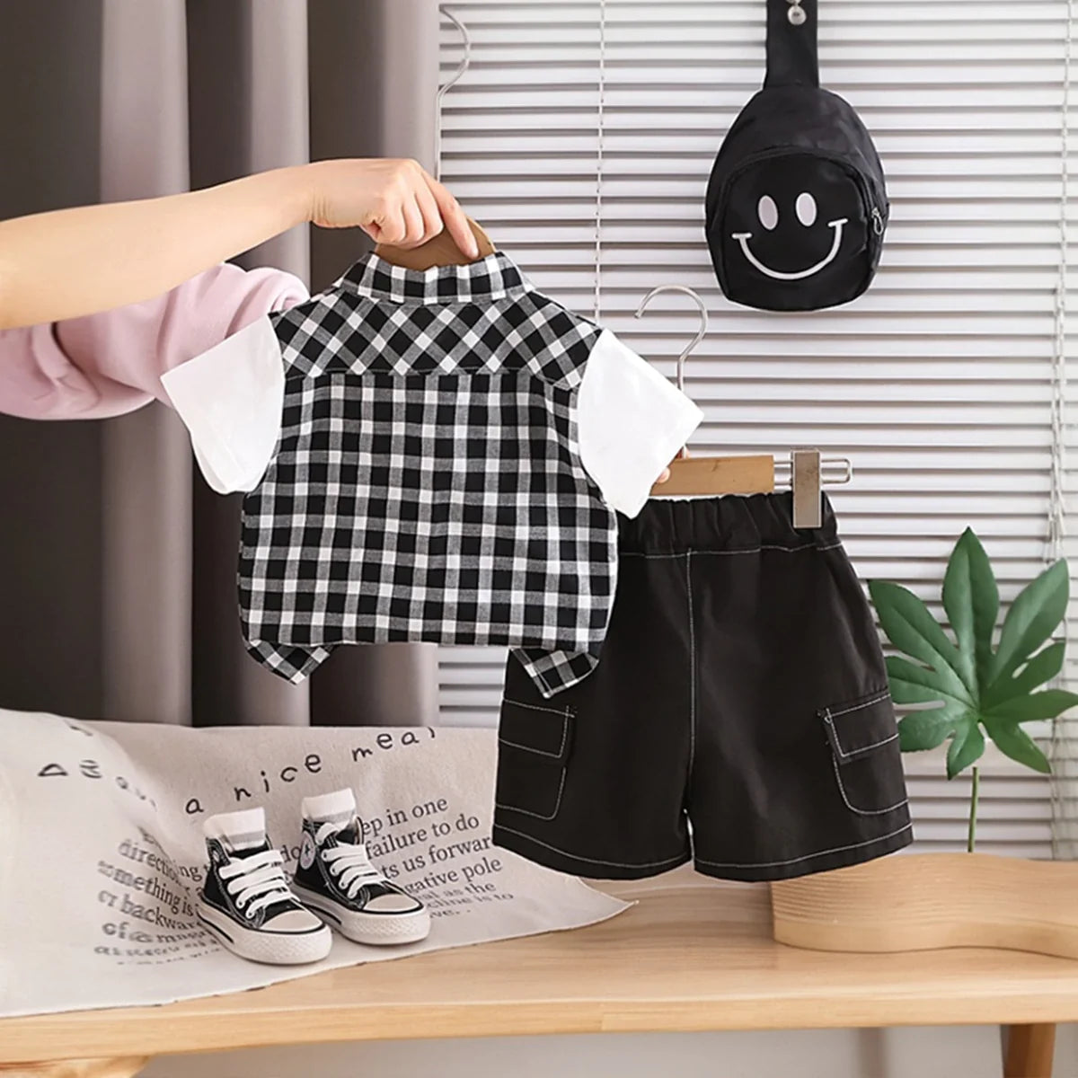 Boys Black Checked Shirt With Shorts & Sling Bag Sets