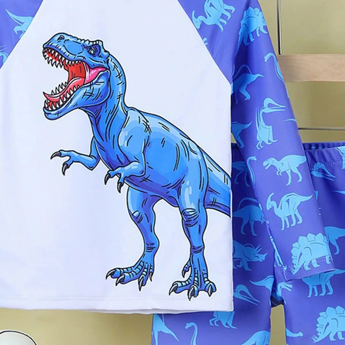 Boys Blue Dinosaur Printed Long Sleeves T-Shirt & Shorts Swimsuit Sets