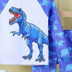 Boys Blue Dinosaur Printed Long Sleeves T-Shirt & Shorts Swimsuit Sets