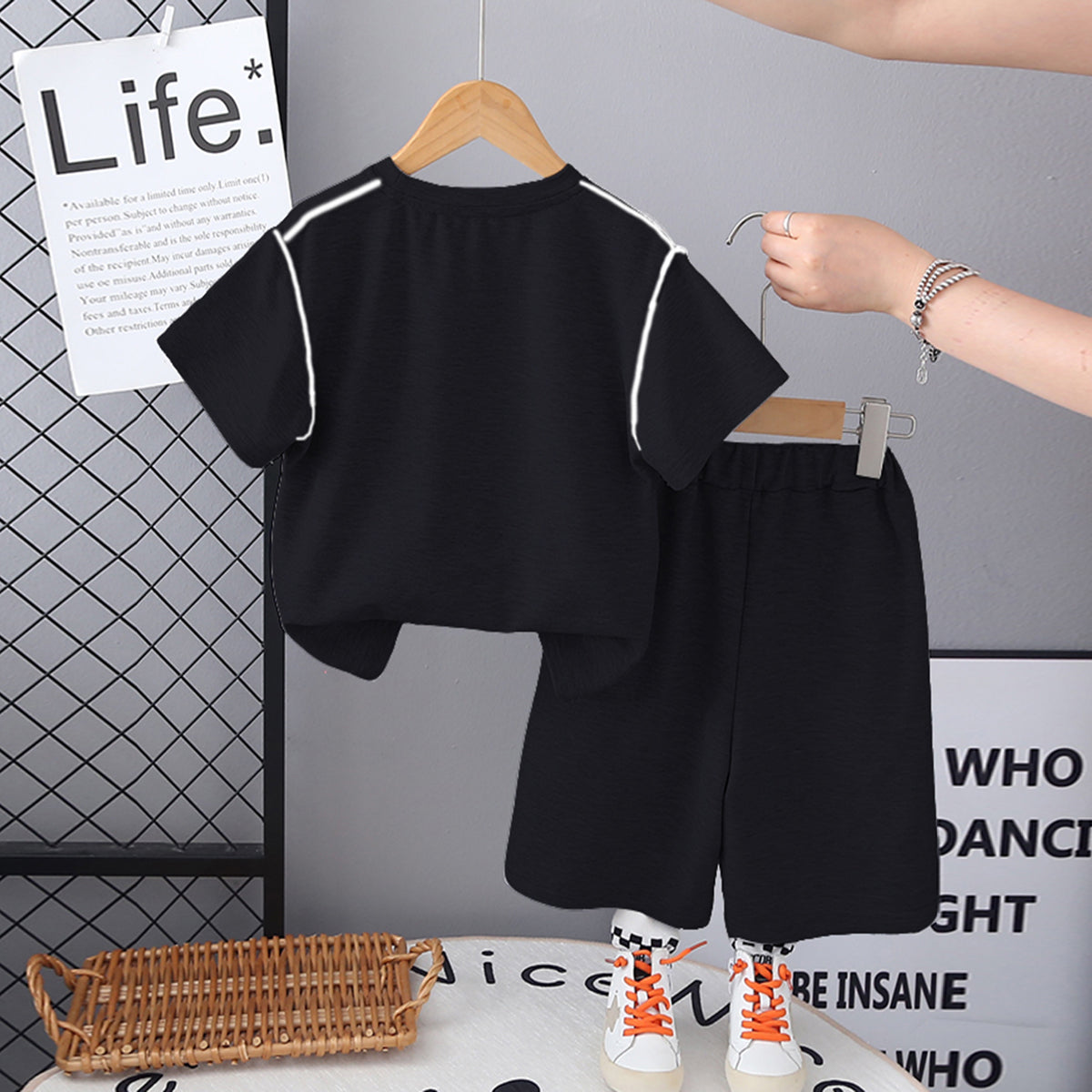 Boys Black Solid Short Sleeves Contrast Piping T-Shirt With Shorts Set