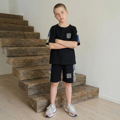 Boys Black Abstract Print Raglan Sleeves T-Shirt With Shorts Co-ord Sets
