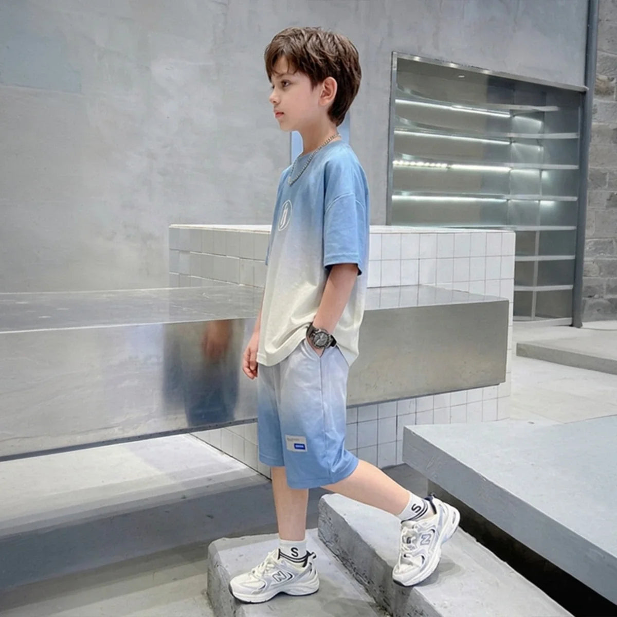 Boys Blue Ombre Printed Short Sleeve T-Shirt With Elasticated Shorts Sets