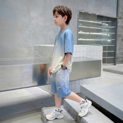 Boys Blue Ombre Printed Short Sleeve T-Shirt With Elasticated Shorts Sets