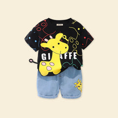 Boys Black Giraffe Graphic T-Shirt With Denim Shorts