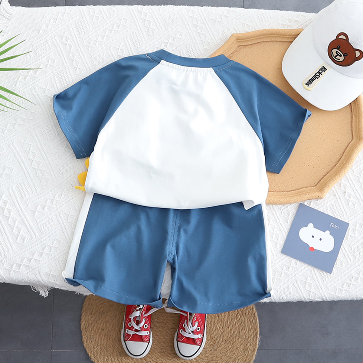 Boys Blue Happy Dinosaur Print Raglan Sleeve T-Shirt With Shorts Set