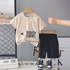 Boys Beige Typographic Printed Short Sleeve T-Shirt With Elasticated Shorts Sets